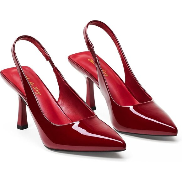 Women Brown Wine Red Satin Pointed Closed Toe Slingback Mid Heels Stiletto Pumps - Picture 3 of 9